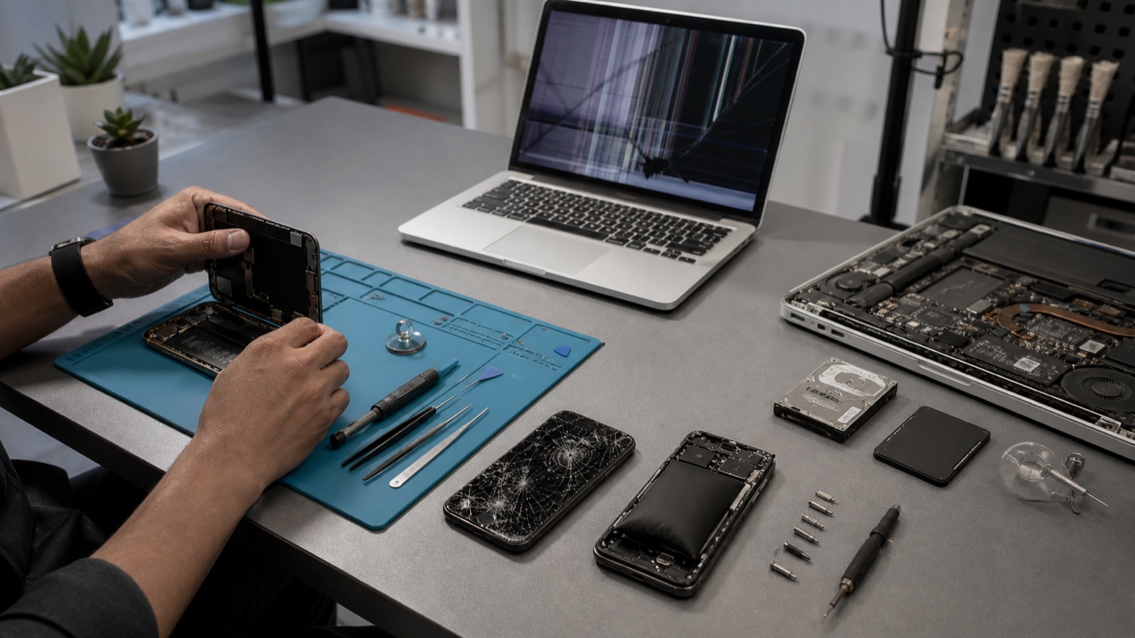 Taller con celulares de pantalla dañada, computadora abierta y reemplazo de disco duro por SSD