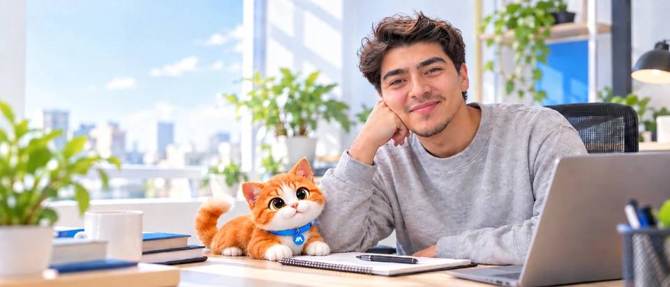 Luiyeth Rojas en su escritorio junto al gatito naranja de TodAps.