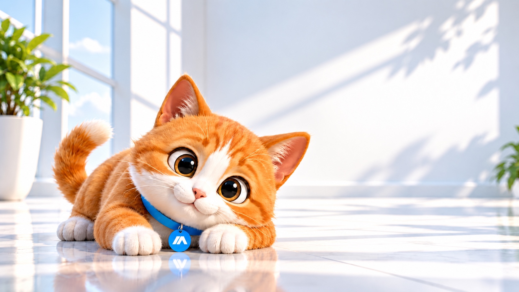 Gato naranja de TodAps con collar azul en un estudio luminoso