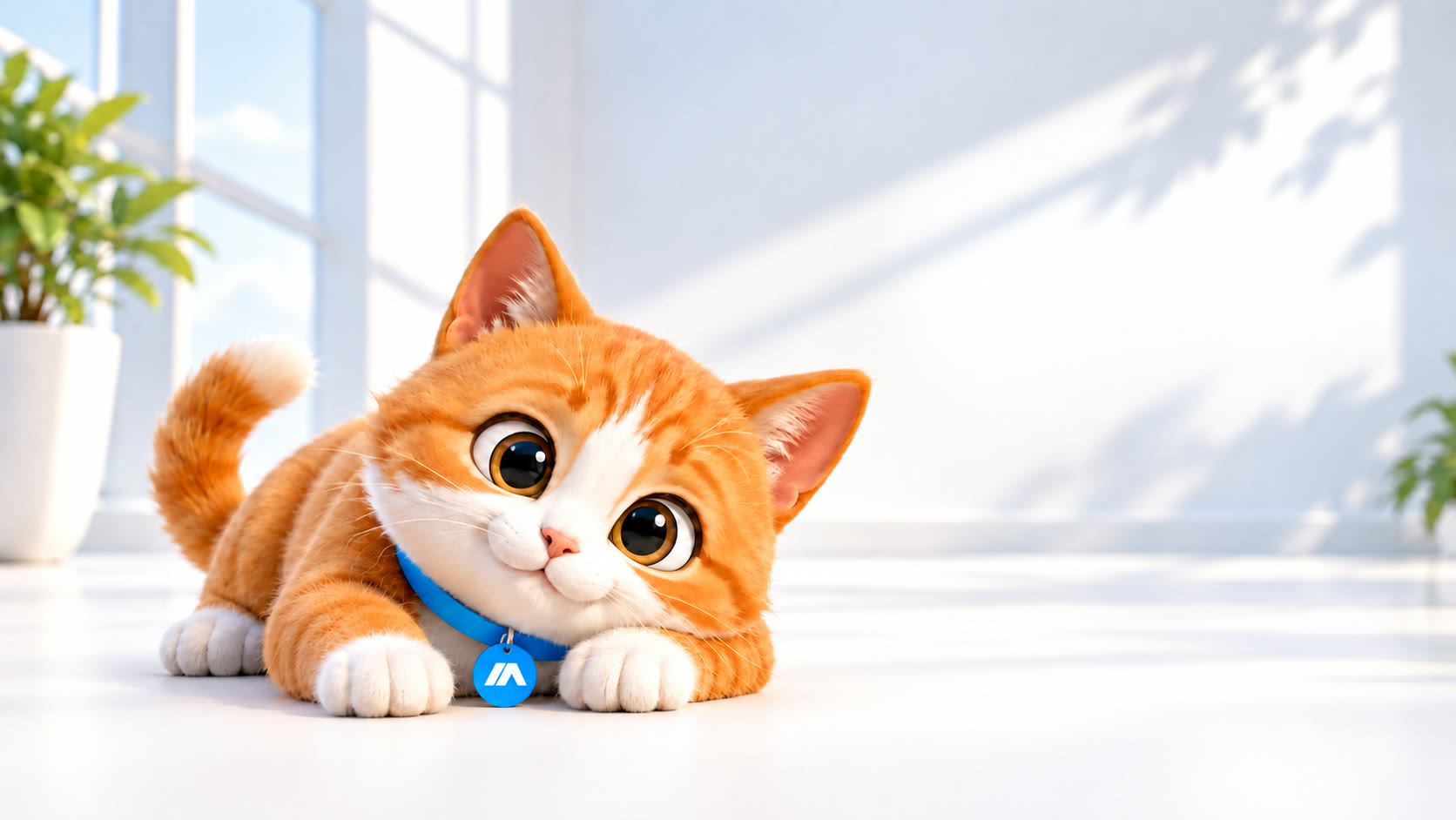 Gato naranja de TodAps con collar azul en un estudio luminoso
