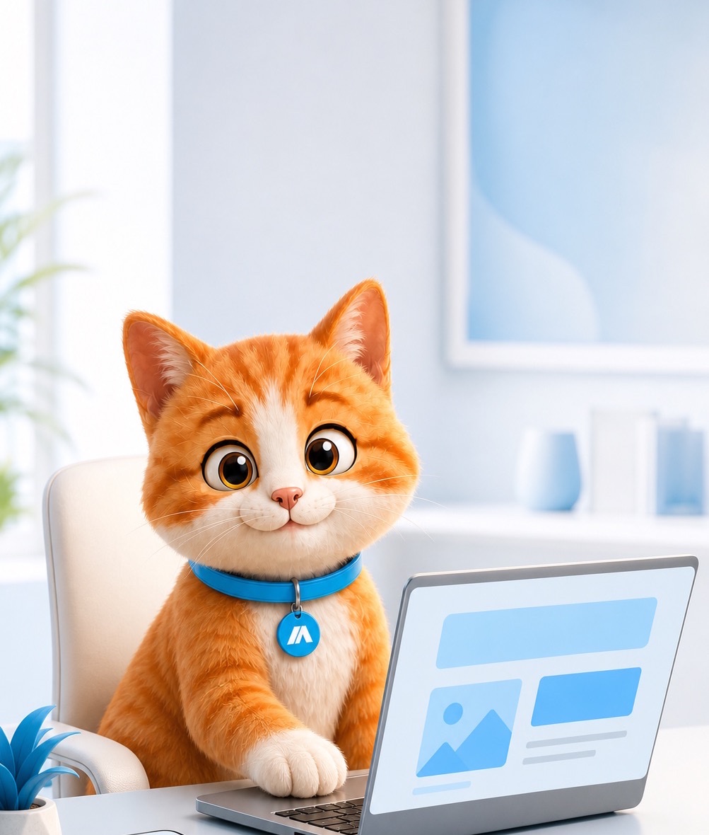 Gato mascota de TodAps trabajando en la laptop, representando el desarrollo de la web de tu negocio.