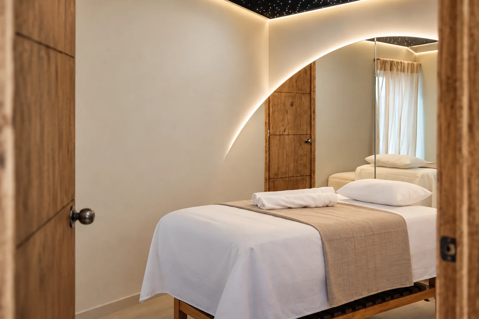 Cabina de spa con camillas, madera y luz cálida