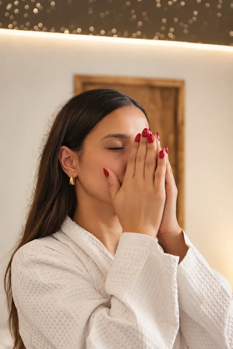 Mujer con bata en un momento de calma en el spa