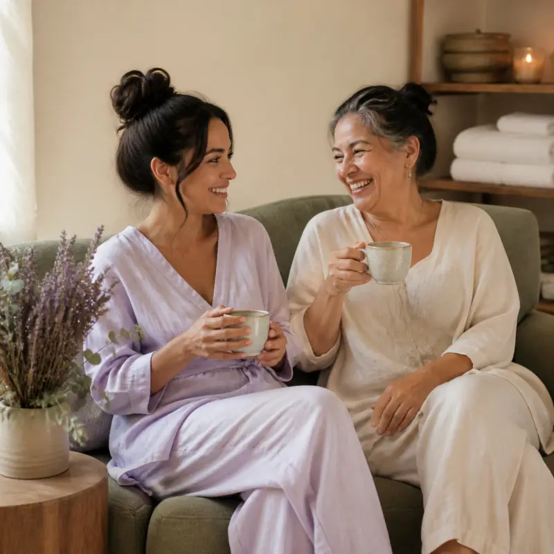 Dos mujeres sonriendo mientras toman té juntas en un espacio tranquilo