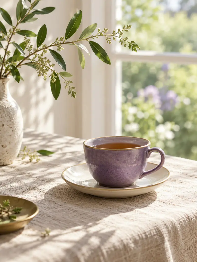 Taza morada junto a una ventana con luz de mañana