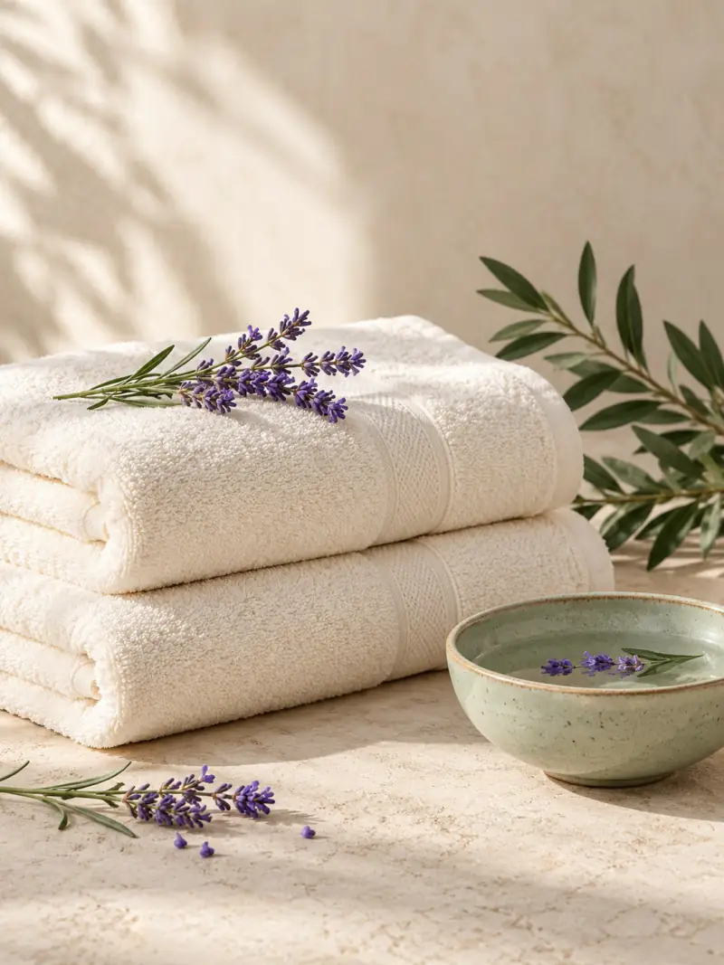 Toallas claras, lavanda y un cuenco de cerámica