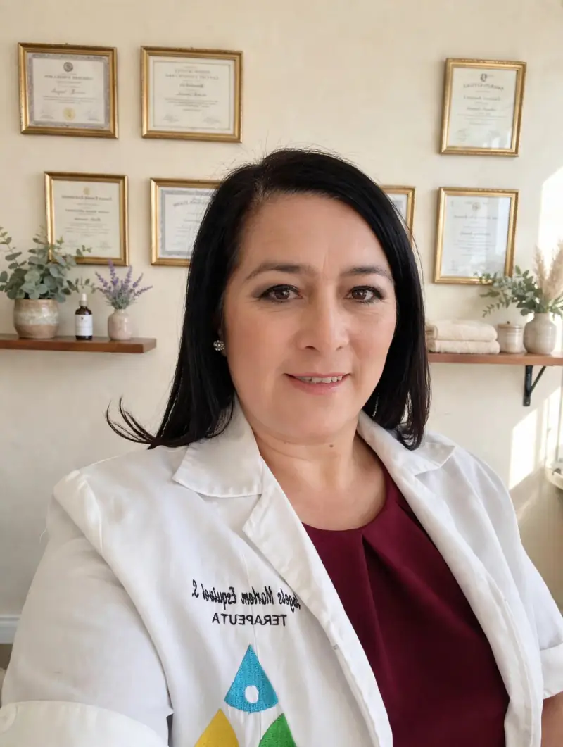 Marlem Esquivel con bata blanca en su consultorio, frente a sus certificados