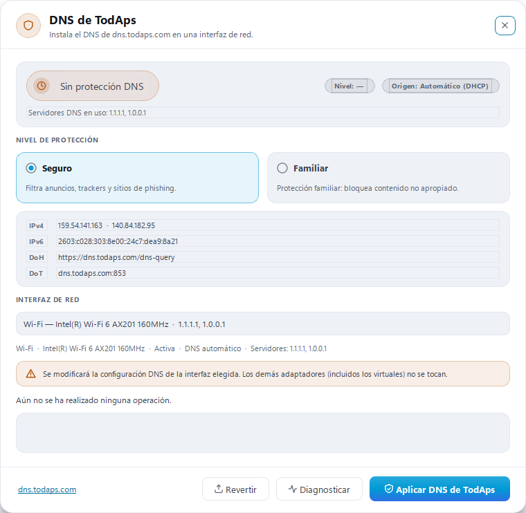 Ventana del DNS de TodAps con niveles Seguro y Familiar