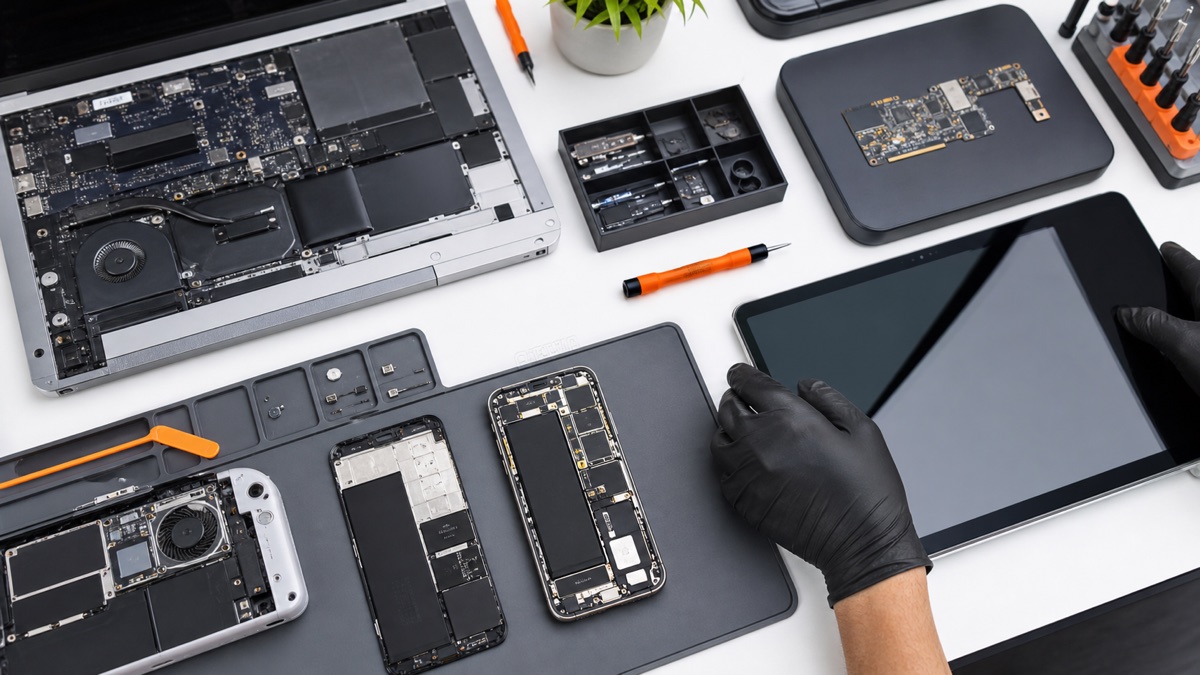 Celular, laptop, tablet y consola en un banco de reparación electrónica