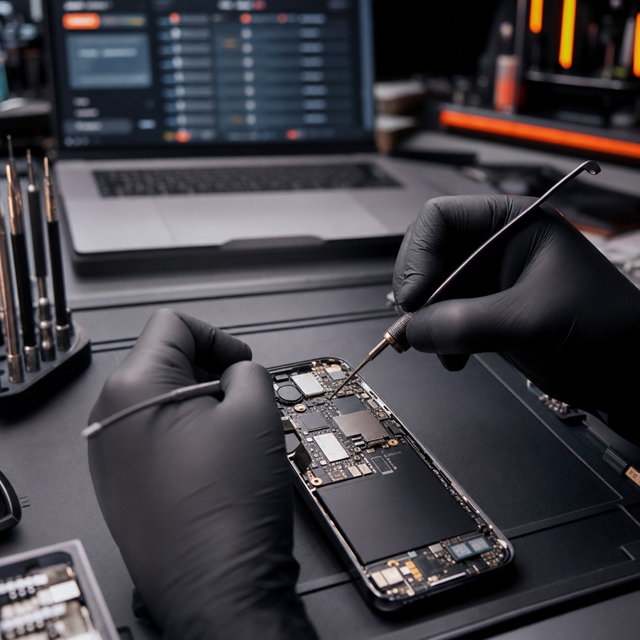 Técnico reparando la tarjeta electrónica de un celular